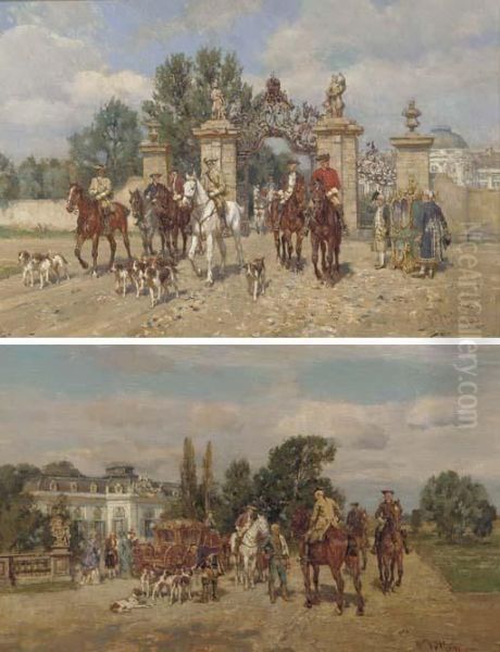 Riding Out ; And Before The Hunt Oil Painting by Wilhelm Velten