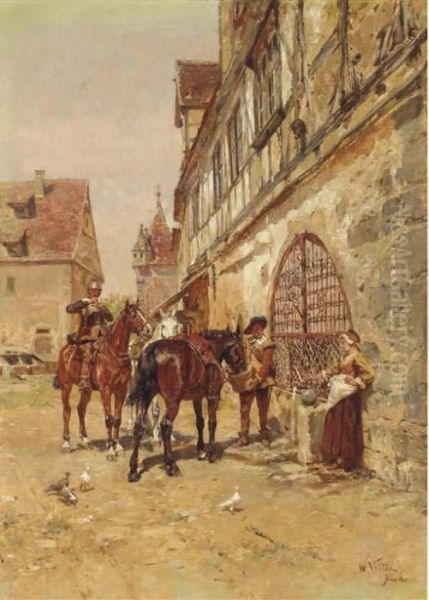 Travellers Resting In A Village Oil Painting by Wilhelm Velten