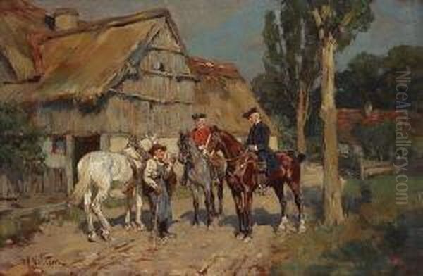 Reiter Im Gesprach Mit Einem
 Bauern Vor Dessen Gehoft. Oil Painting by Wilhelm Velten