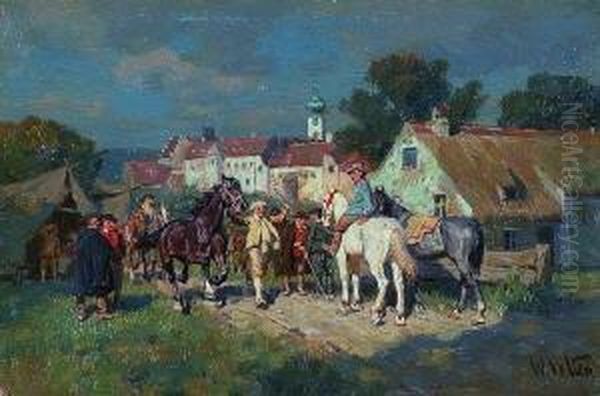 Pferdehandel Vor Einem Alten
 Stadtchen. Oil Painting by Wilhelm Velten