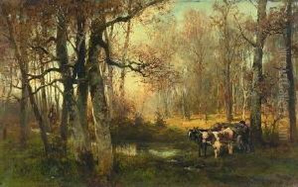 Holzfuhrwerk Im
 Herbstwald. Oil Painting by Wilhelm Velten