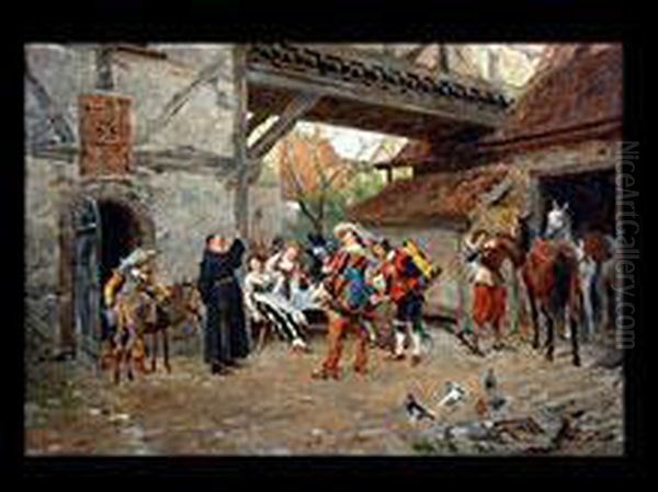 Landsknechte Und Trommler Beim 
Einstellen Der Pferde In Einerschenke Mit Jungen Madchen Und Einem Monch Oil Painting by Wilhelm Velten