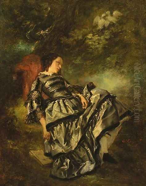 A lady reclining beneath a tree Oil Painting by Octave Tassaert