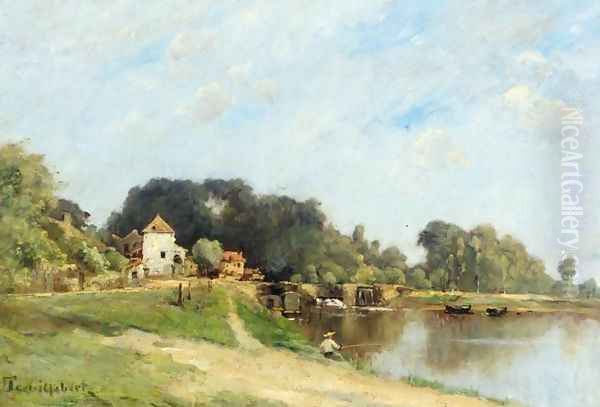 Pêcheur à cote d'une rivière Oil Painting by Paul Trouillebert