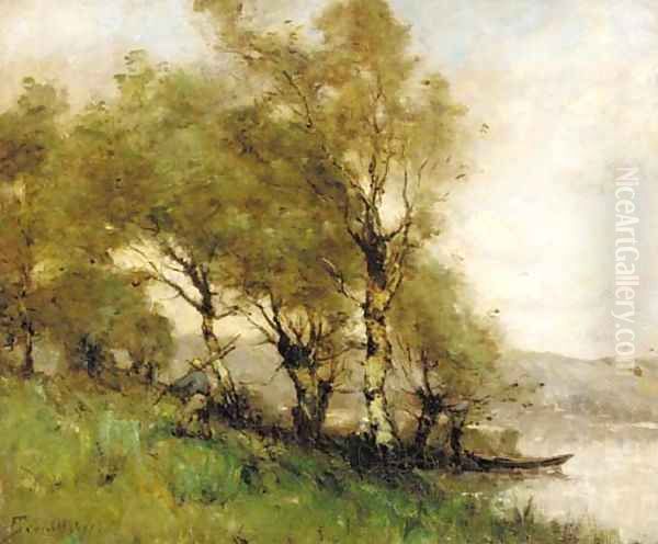 On the banks of the lake Oil Painting by Paul Trouillebert