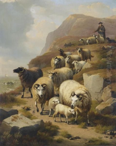 A Shepherd And His Flock Oil Painting by Eugene Joseph Verboeckhoven