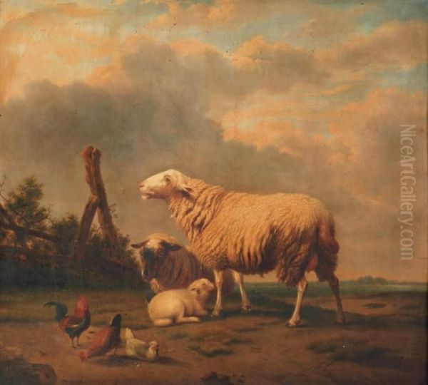 Two Sheep With A Lamb And Three Chickens In A Landscape Oil Painting by Eugene Joseph Verboeckhoven