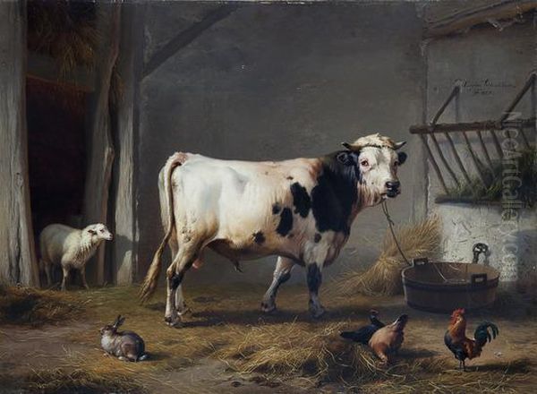 Interno Di Stalla Con Mucca, Pecora, Gallo, Galline Ed Un Coniglio Oil Painting by Eugene Joseph Verboeckhoven