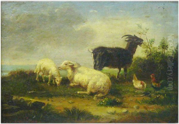 Moutons, Bouc, Poule Et Coq Oil Painting by Eugene Joseph Verboeckhoven