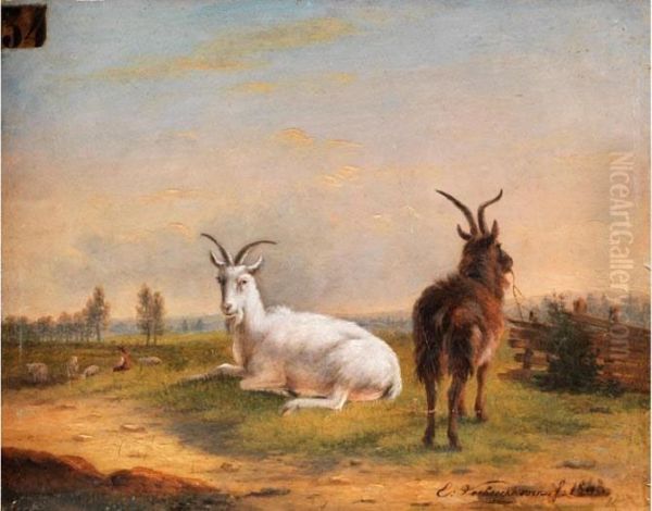 Zwei Ziegen In Wiesenlandschaft Oil Painting by Eugene Joseph Verboeckhoven