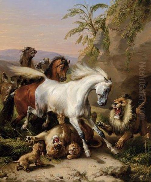 Chevaux Arabes Et Lions Dans Un Paysage Oriental Oil Painting by Eugene Joseph Verboeckhoven