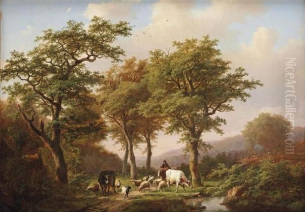 A Wooded Landscape With A Herdsman And His Cattle On A Track Oil Painting by Eugene Joseph Verboeckhoven