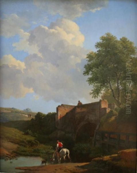 Horse And Rider Watering Beneath A Bridge Oil Painting by Eugene Joseph Verboeckhoven