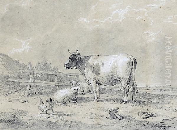 Cattle Resting In A Farmyard Oil Painting by Eugene Joseph Verboeckhoven