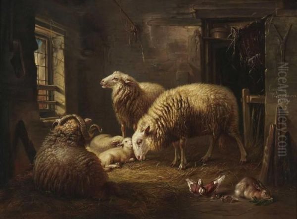 Schafe Und Lammer Im Stall. Oil Painting by Eugene Joseph Verboeckhoven