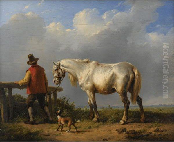 Farmhand With Horse And Dog In Landscape Oil Painting by Eugene Joseph Verboeckhoven