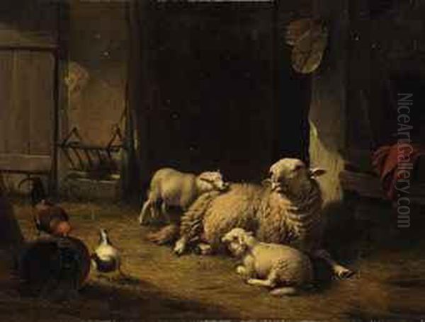 A Ewe And Lambs In A Barn Oil Painting by Eugene Joseph Verboeckhoven