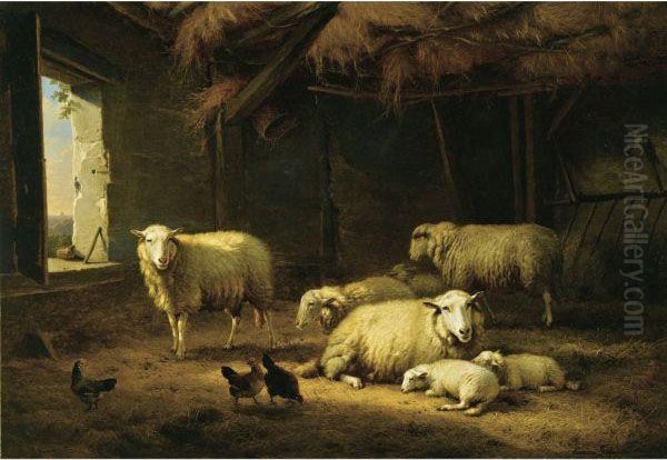 Sheep And Chickens In A Barn Oil Painting by Eugene Joseph Verboeckhoven