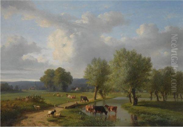 Cattle In A Summer Landscape Oil Painting by Eugene Joseph Verboeckhoven