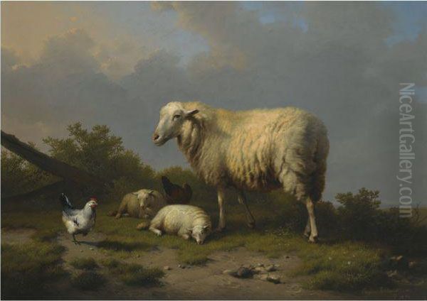 Sheep And Chickens At Pasture Oil Painting by Eugene Joseph Verboeckhoven