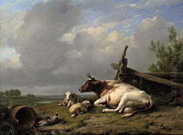 A Cow, Sheep And Ducks In The Pasture Oil Painting by Eugene Joseph Verboeckhoven