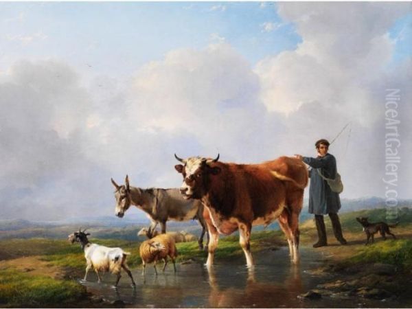 Junger Hirte In Begleitung Eines Hundestreibt Seine Tiere Durch Eine Wasserpfutze Oil Painting by Eugene Joseph Verboeckhoven