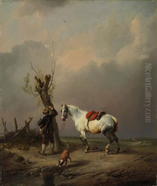 A White Horse, Dog And Rider At Rest Oil Painting by Eugene Joseph Verboeckhoven