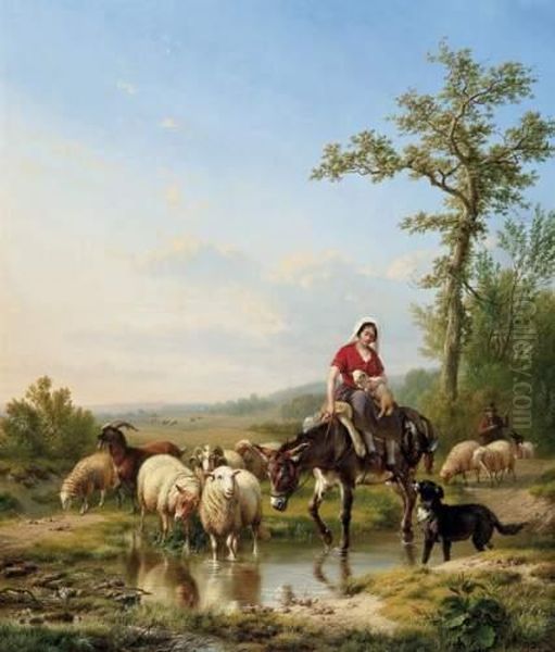 La Bergere Et Son Troupeau Oil Painting by Eugene Joseph Verboeckhoven