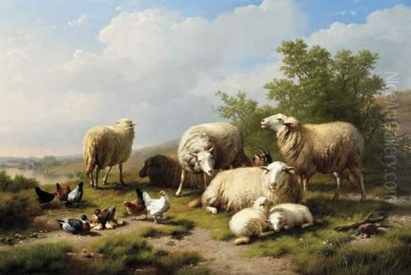 Paysage Avec Moutons, Poules Et Chevre Oil Painting by Eugene Joseph Verboeckhoven