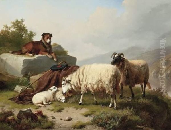 Moutons Et Chien De Berger Oil Painting by Eugene Joseph Verboeckhoven