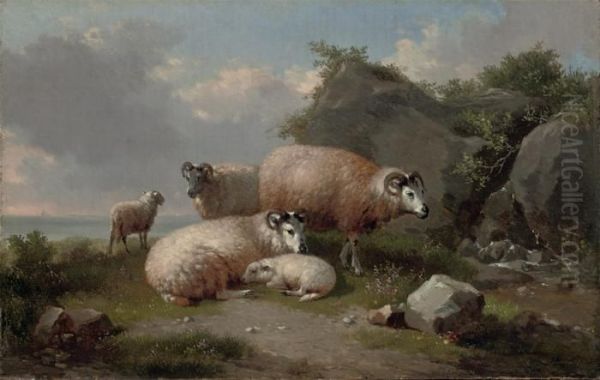 Sheep On A Rocky Coast Oil Painting by Eugene Joseph Verboeckhoven