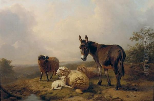 A Donkey And Sheep On A Hilltop Oil Painting by Eugene Joseph Verboeckhoven