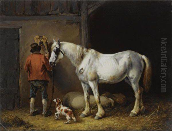 A Groom With His Horse Oil Painting by Eugene Joseph Verboeckhoven