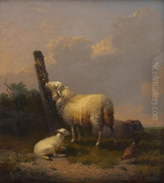 Brebis, Agneau Et Poule A La Barriere Oil Painting by Eugene Joseph Verboeckhoven