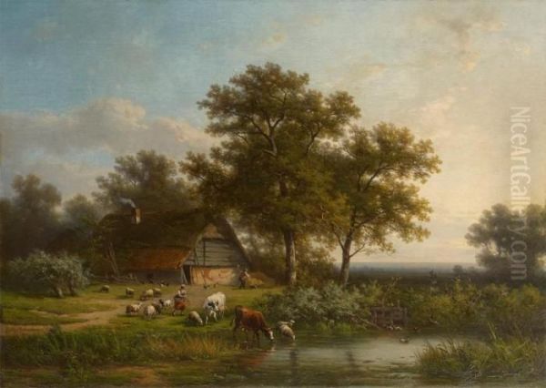 Bergers Et Leur Troupeau En Bord De Riviere Oil Painting by Eugene Joseph Verboeckhoven