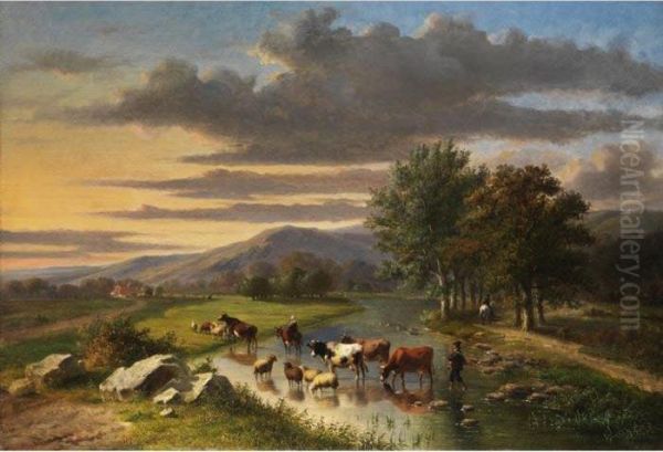 Hirten Mit Heimziehender Rinder- Undschafherde In Einer Furt Oil Painting by Eugene Joseph Verboeckhoven