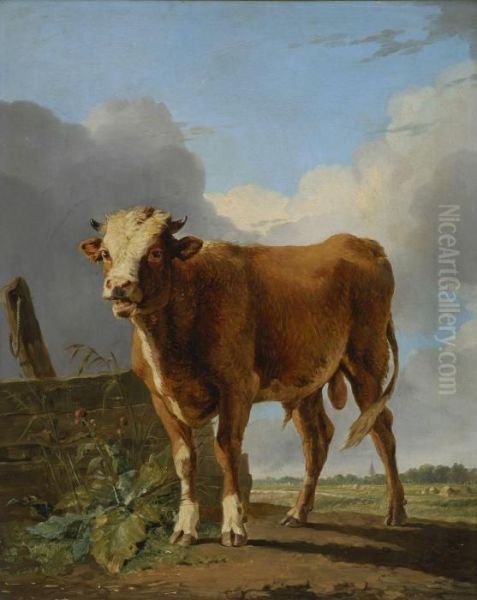 Jungstier Am Gatter Oil Painting by Eugene Joseph Verboeckhoven