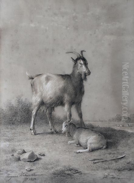 Goat And Kid Oil Painting by Eugene Joseph Verboeckhoven