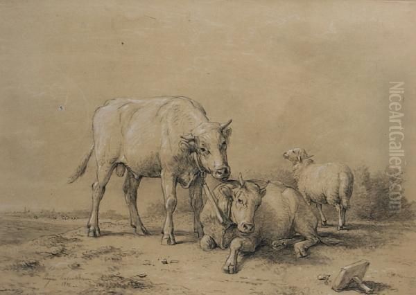 Two Tethered Bulls And A Sheep Before A Landscape Oil Painting by Eugene Joseph Verboeckhoven