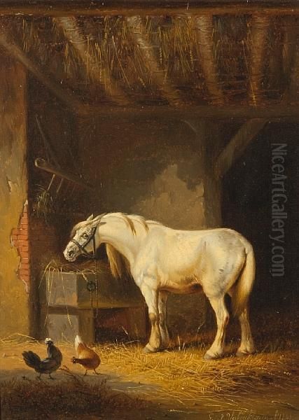 Horse And Chickens In A Barn Oil Painting by Eugene Joseph Verboeckhoven