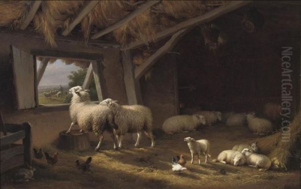 Sheep, Chickens And A Hare In A Barn Oil Painting by Eugene Joseph Verboeckhoven