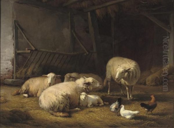 A Barn With Sheep And Chickens Oil Painting by Eugene Joseph Verboeckhoven