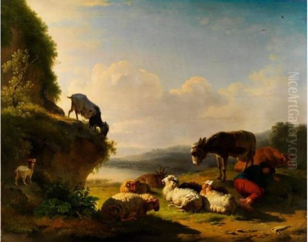 Schafe, Ziegen, Esel Und Kuh In Landschaft Oil Painting by Eugene Joseph Verboeckhoven