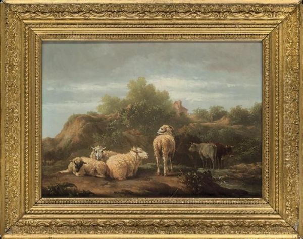 Sheep In A Landscape With A Farm House Beyond Oil Painting by Eugene Joseph Verboeckhoven