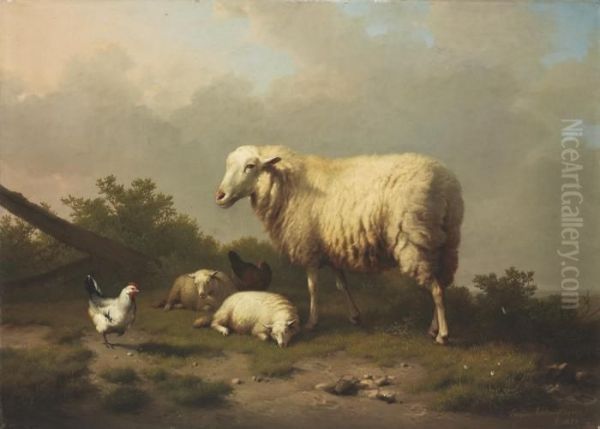 Sheep And Chickens In A Pasture Oil Painting by Eugene Joseph Verboeckhoven