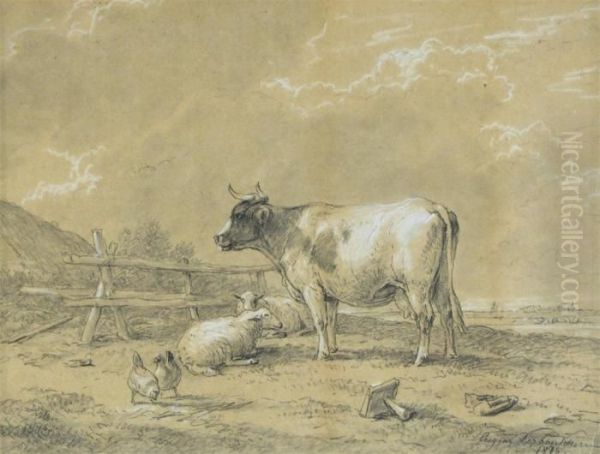 Cattle Sheep And Chickens In A Field By A Cottage Oil Painting by Eugene Joseph Verboeckhoven