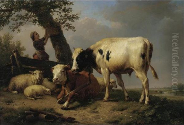 Shepherd Girl With Cattle And Sheep At Rest Oil Painting by Eugene Joseph Verboeckhoven