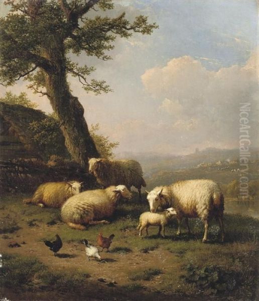 Sheep And Chickens In A Riverside Pasture Oil Painting by Eugene Joseph Verboeckhoven