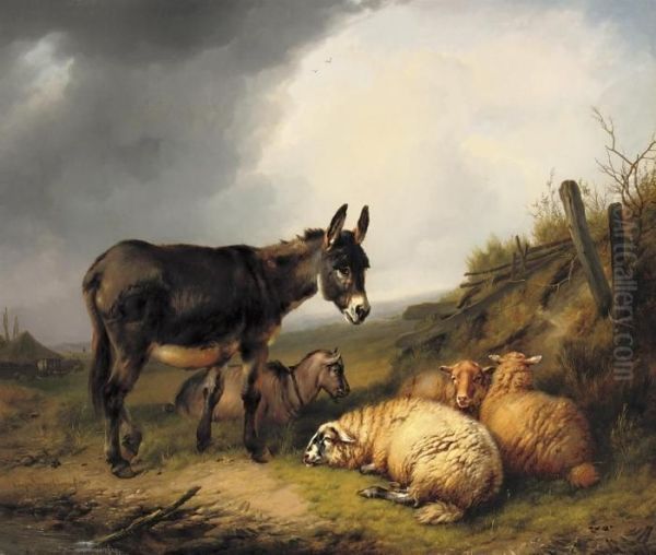 A Donkey, Goat And Sheep In A Pasture Oil Painting by Eugene Joseph Verboeckhoven