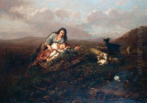 Mother And Child In An Open Landscape Oil Painting by Eugene Joseph Verboeckhoven